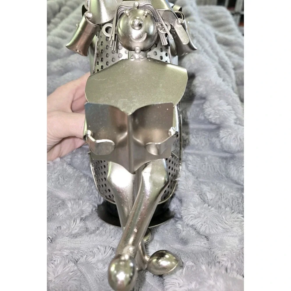 Metal Wine Bottle Holder Whimsical Figure Reading to Child Industrial Art Silver